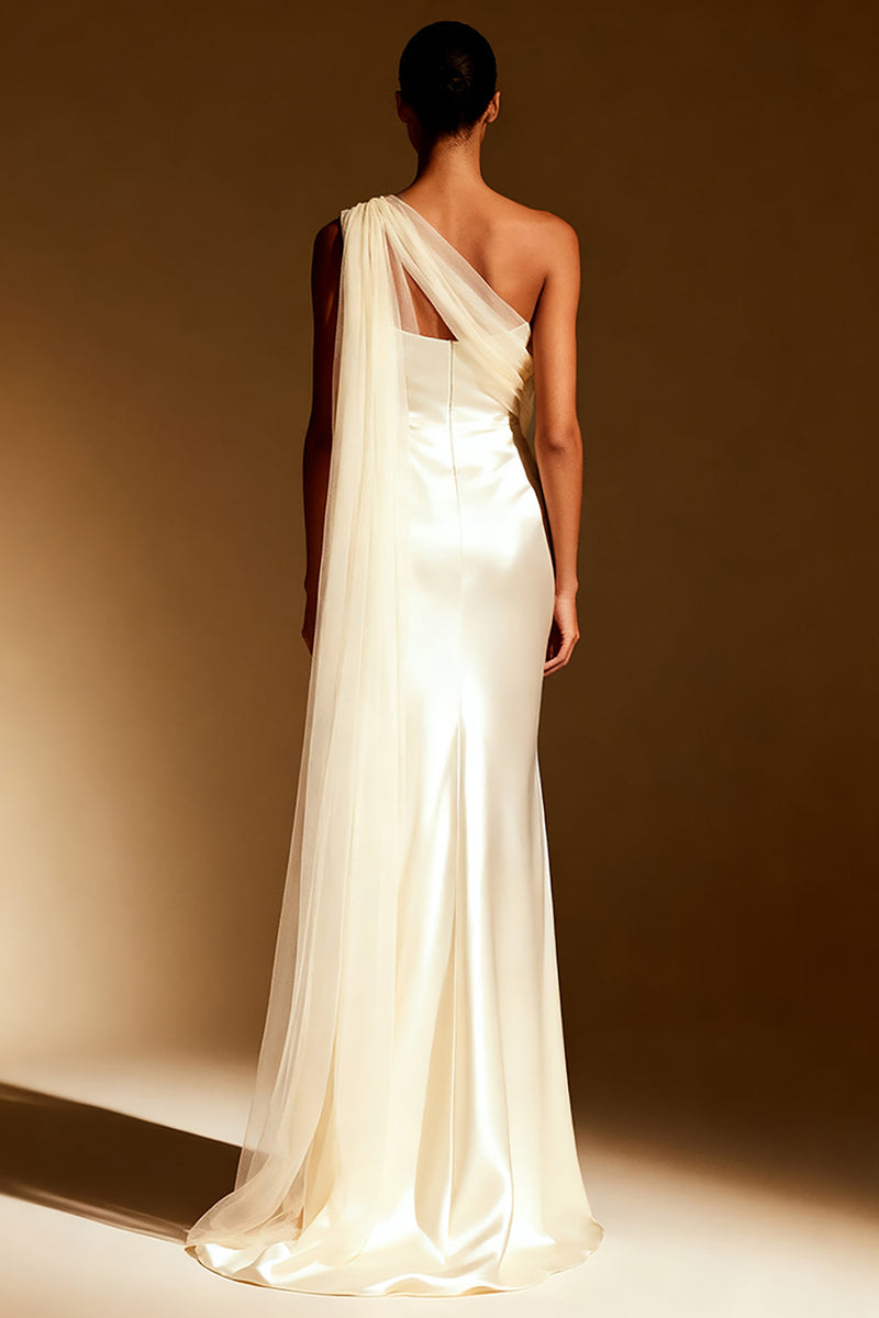 Load image into Gallery viewer, White Mermaid One Shoulder Satin Long Formal Dress with Side Cape