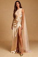 Load image into Gallery viewer, Champagne Mermaid Satin One Shoulder Long Formal Dress with Slit