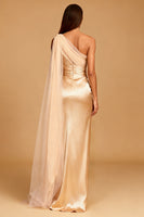 Load image into Gallery viewer, Champagne Mermaid Satin One Shoulder Long Formal Dress with Slit