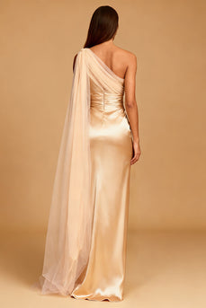 Champagne Mermaid Satin One Shoulder Long Formal Dress with Slit