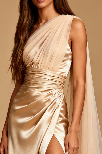 Champagne Mermaid Satin One Shoulder Long Formal Dress with Slit