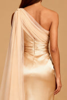 Load image into Gallery viewer, Champagne Mermaid Satin One Shoulder Long Formal Dress with Slit