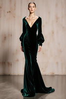 Load image into Gallery viewer, Dark Green Velvet V-Neck Mermaid Long Sleeves Holiday Party Dress
