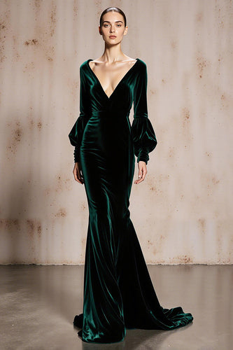 Dark Green Velvet V-Neck Mermaid Long Sleeves Holiday Party Dress