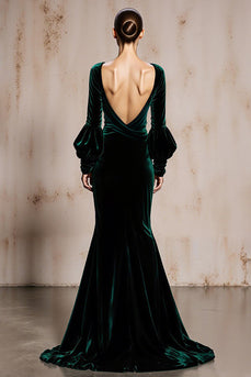 Dark Green Velvet V-Neck Mermaid Long Sleeves Holiday Party Dress