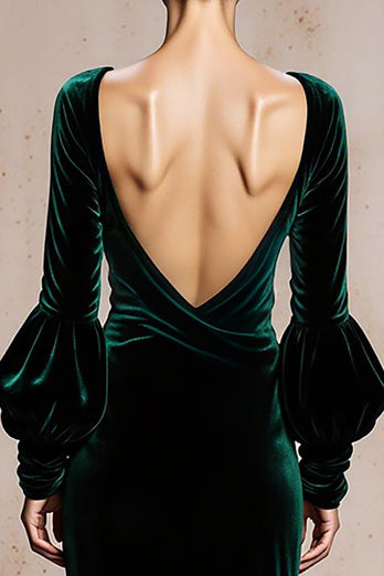 Dark Green Velvet V-Neck Mermaid Long Sleeves Holiday Party Dress