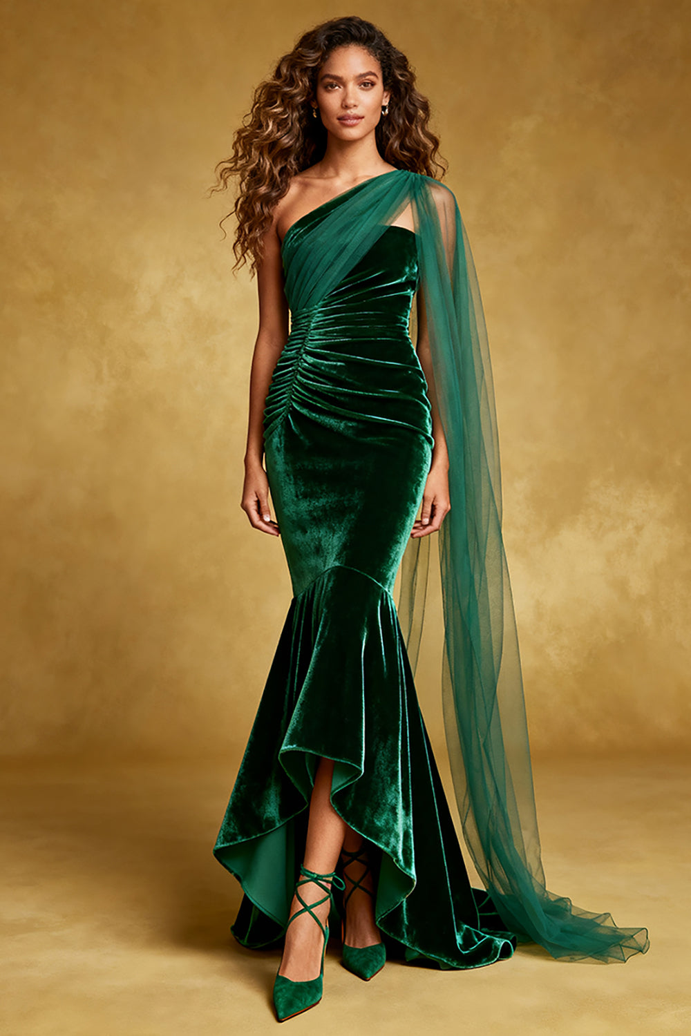 Queendancer Women Dark Green Velvet Long Holiday Party Dress with Side Cape Mermaid Ruched One Shoulder Asymmetrical Formal Dress with Ruffles