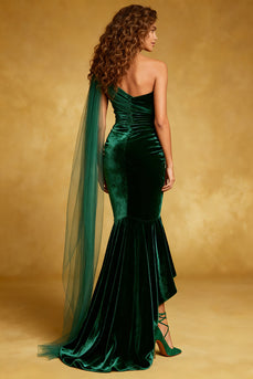 Dark Green Velvet Ruffled Mermaid Long Holiday Party Dress with Cape