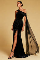 Load image into Gallery viewer, Black Mermaid One Shoulder Long Formal Dress with Cape