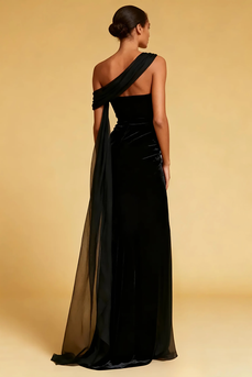 Black Mermaid One Shoulder Long Formal Dress with Cape