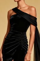 Load image into Gallery viewer, Black Mermaid One Shoulder Long Formal Dress with Cape