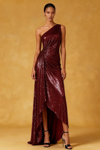 Sparkly Burgundy Sequin Ruched One Shoulder Long Formal Dress