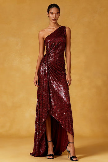 Sparkly Burgundy Sequin Ruched One Shoulder Long Formal Dress