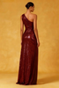 Load image into Gallery viewer, Sparkly Burgundy Sequin Ruched One Shoulder Long Formal Dress