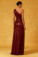 Load image into Gallery viewer, Sparkly Burgundy Sequin Ruched One Shoulder Long Formal Dress