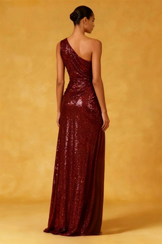 Sparkly Burgundy Sequin Ruched One Shoulder Long Formal Dress
