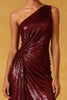 Load image into Gallery viewer, Sparkly Burgundy Sequin Ruched One Shoulder Long Formal Dress
