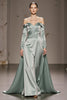 Load image into Gallery viewer, Mint Green Off the Shoulder Satin Long Formal Dress with Sleeves