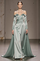 Load image into Gallery viewer, Mint Green Off the Shoulder Satin Long Formal Dress with Sleeves