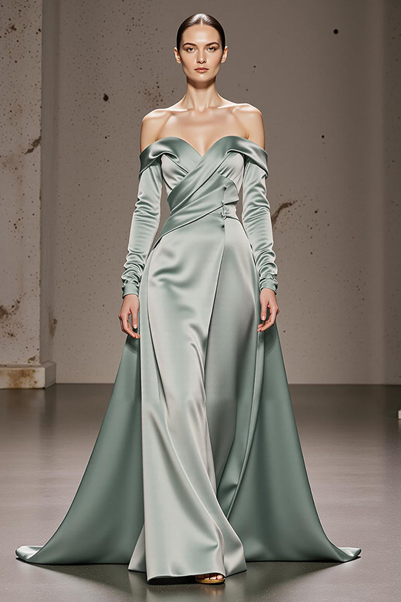 Load image into Gallery viewer, Mint Green Off the Shoulder Satin Long Formal Dress with Sleeves