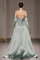Load image into Gallery viewer, Mint Green Off the Shoulder Satin Long Formal Dress with Sleeves