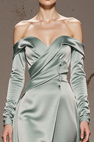 Load image into Gallery viewer, Mint Green Off the Shoulder Satin Long Formal Dress with Sleeves