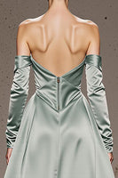 Load image into Gallery viewer, Mint Green Off the Shoulder Satin Long Formal Dress with Sleeves