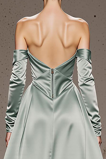 Mint Green Off the Shoulder Satin Long Formal Dress with Sleeves