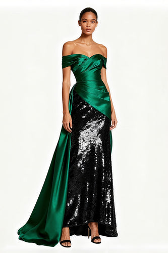 Sparkly Dark Green Satin Off the Shoulder Long Formal Dress