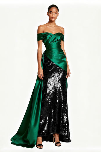 Sparkly Dark Green Satin Off the Shoulder Long Formal Dress