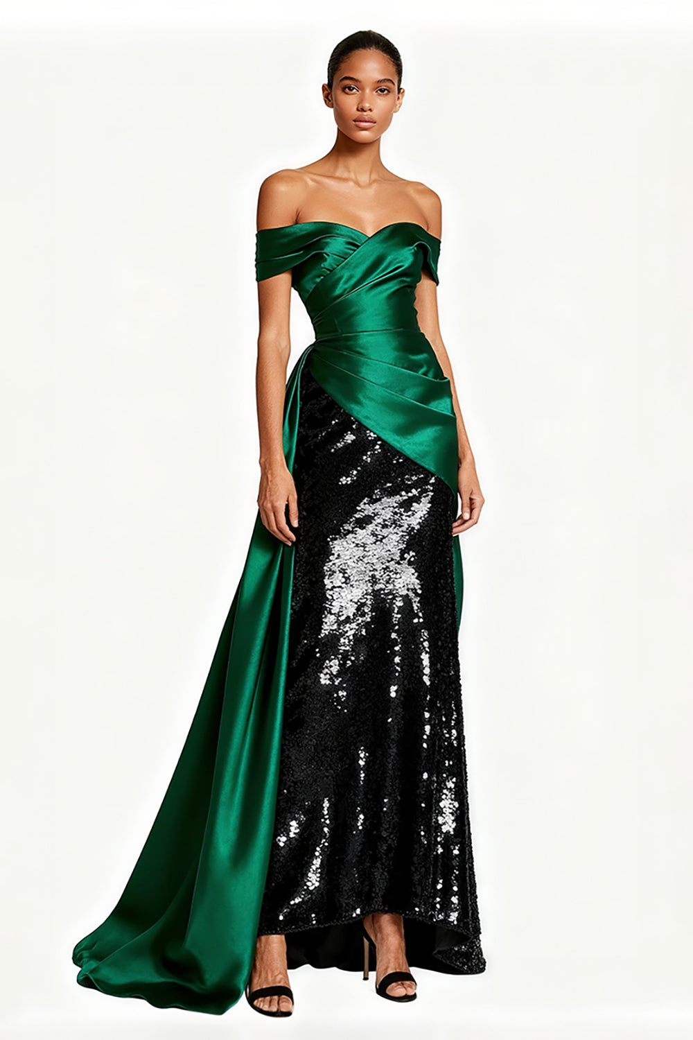 Sparkly Dark Green Satin Off the Shoulder Long Formal Dress