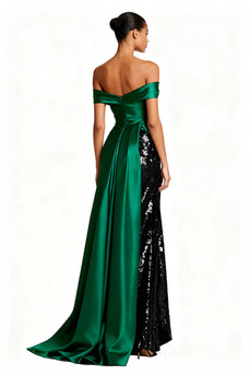 Sparkly Dark Green Satin Off the Shoulder Long Formal Dress