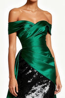 Load image into Gallery viewer, Sparkly Dark Green Satin Off the Shoulder Long Formal Dress