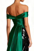 Load image into Gallery viewer, Sparkly Dark Green Satin Off the Shoulder Long Formal Dress