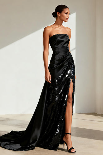 Sparkly Black Satin Sheath Strapless Long Formal Dress with Slit