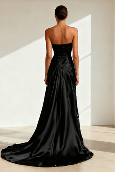 Sparkly Black Satin Sheath Strapless Long Formal Dress with Slit