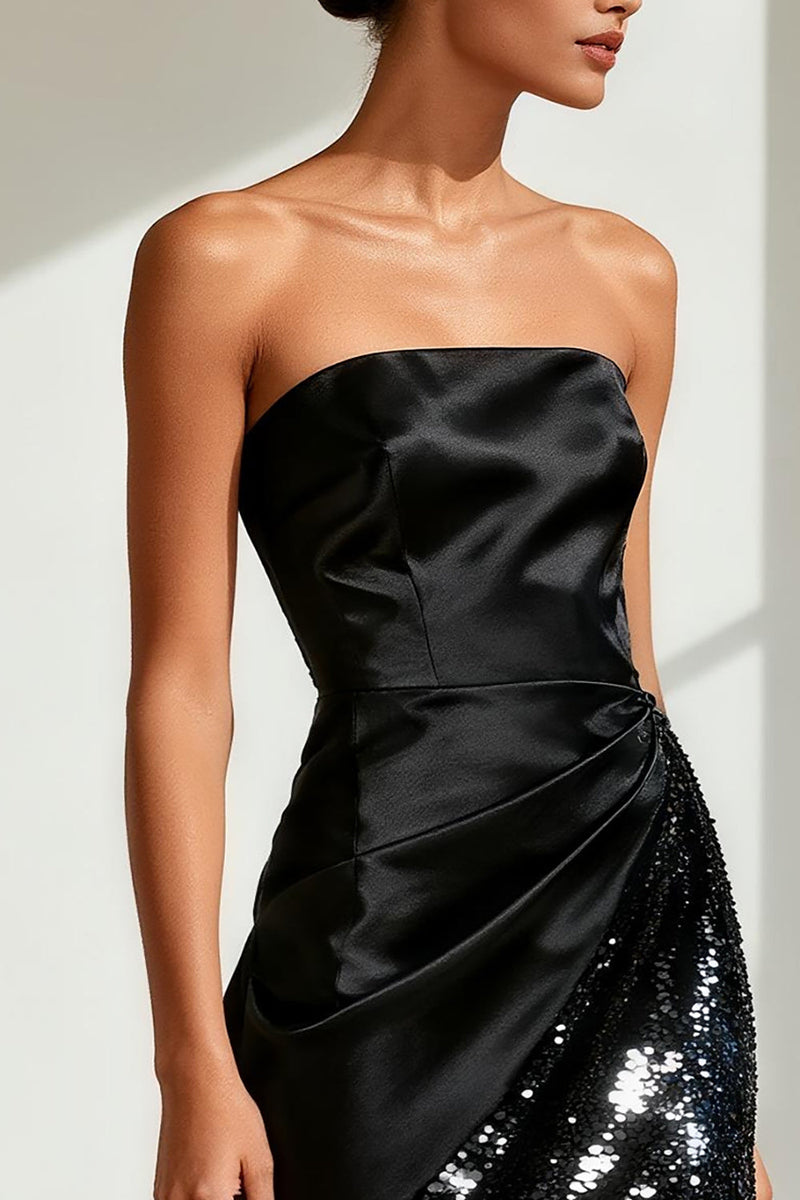 Load image into Gallery viewer, Sparkly Black Satin Sheath Strapless Long Formal Dress with Slit