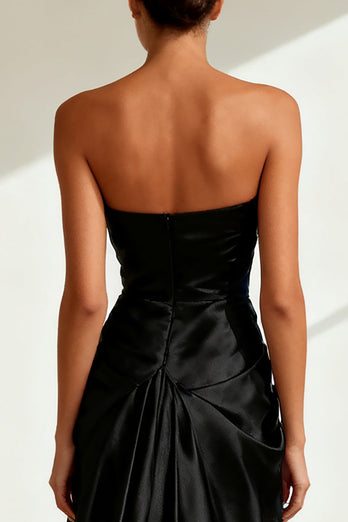 Sparkly Black Satin Sheath Strapless Long Formal Dress with Slit