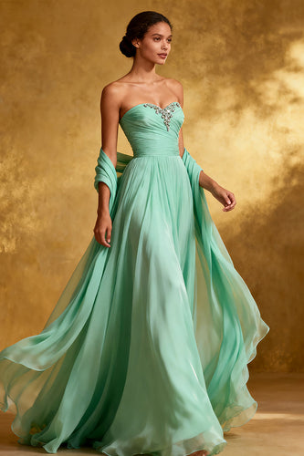 Sparkly Mint Green Strapless Chiffon Long Formal Dress with Shawl