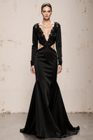 Load image into Gallery viewer, Black Mermaid V-Neck Cut Out Long Sleeves Formal Dress with Lace