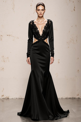 Black Mermaid V-Neck Cut Out Long Sleeves Formal Dress with Lace