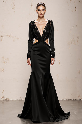 Black Mermaid V-Neck Cut Out Long Sleeves Formal Dress with Lace