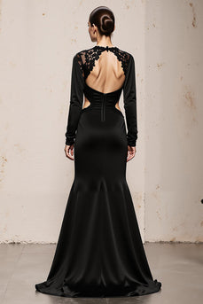 Black Mermaid V-Neck Cut Out Long Sleeves Formal Dress with Lace