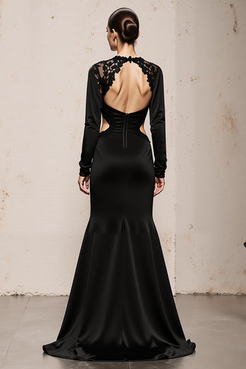 Black Mermaid V-Neck Cut Out Long Sleeves Formal Dress with Lace