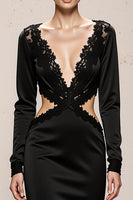 Load image into Gallery viewer, Black Mermaid V-Neck Cut Out Long Sleeves Formal Dress with Lace