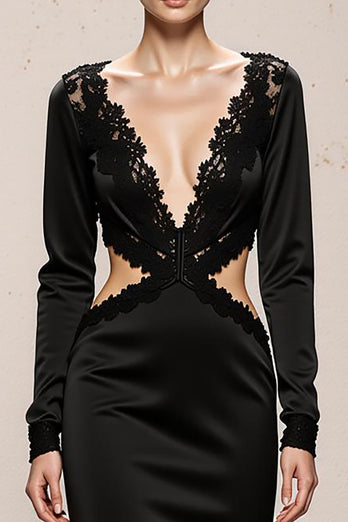Black Mermaid V-Neck Cut Out Long Sleeves Formal Dress with Lace