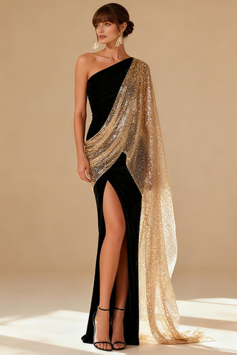 Sparkly Black Satin Mermaid One Shoulder Long Formal Dress with Slit