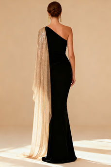 Sparkly Black Satin Mermaid One Shoulder Long Formal Dress with Slit