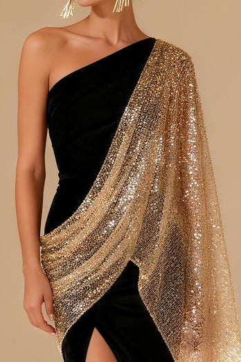 Sparkly Black Satin Mermaid One Shoulder Long Formal Dress with Slit