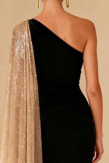 Sparkly Black Satin Mermaid One Shoulder Long Formal Dress with Slit